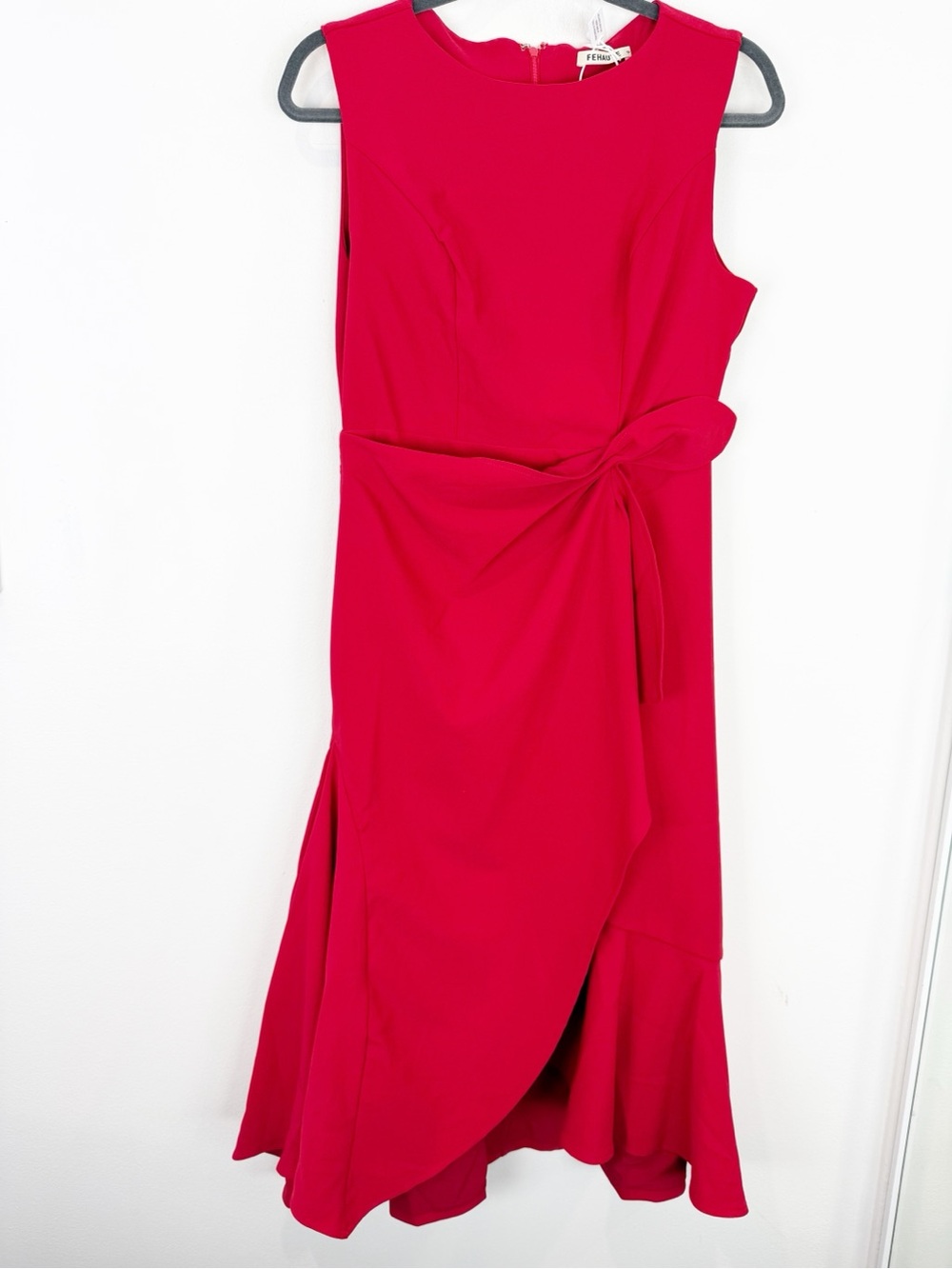 FEHAUTE Red Midi Dress Size 6 Twist Tie Waist Ruffle Wrap Wedding Guest NWT